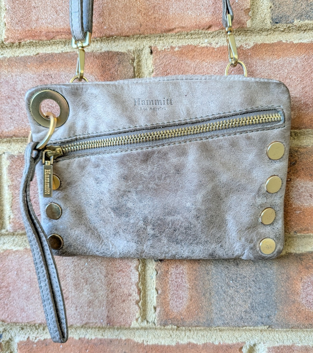 Hammitt Nash Crossbody Clutch Leather Wristlet Taupe Brown Gold Rivets Small